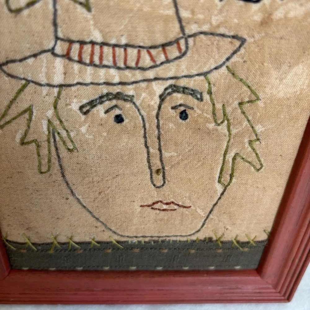 Hand Sewn Embroidery Witch Portrait Wall Spider Witchy Hat Primitive Folk Granny